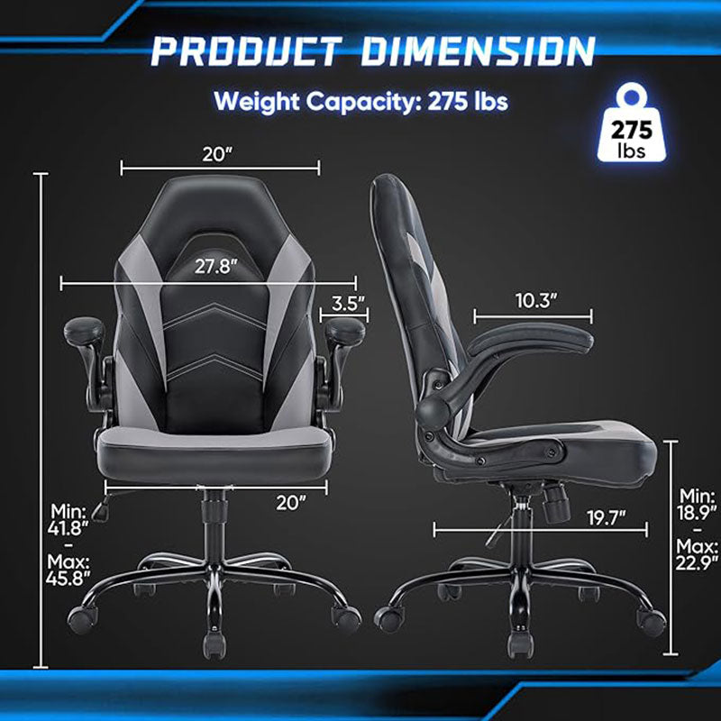DUMOS Ergonomic Computer Gaming Chair - Home Office Desk with PU Leather Lumbar Support, Height Adjustable Big and Tall Video Game with Flip-up Armrest, Swivel Wheels for Adults and Teens